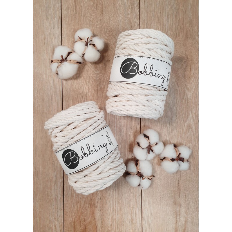 naturalny natural sznurki bawelniane potrojnie skrecane 3PLY 9 mm do makramy Bobbiny